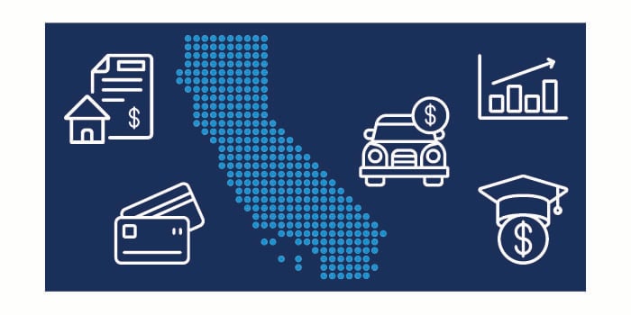 A map of California is surrounded by icons representing a mortgage loan, credit cards, a car loan, student loans, and a bar chart.