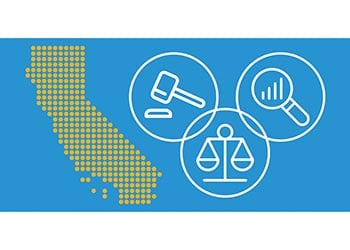 There is a map on the left side of the image. On the right side is a gavel in a circle, the scales of justice in a circle, and a magnifying glass in a circle. The three circles are interlocking.