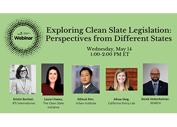 Poster shows headshots for 4 speakers and 1 moderator for webinar focused on "Exploring Clean Slate Legislation: Perspectives from Different States"