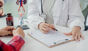 Photo of a doctor speaking with somebody at a desk, pointing to a clip-board.