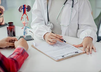 Photo of a doctor speaking with somebody at a desk, pointing to a clip-board.
