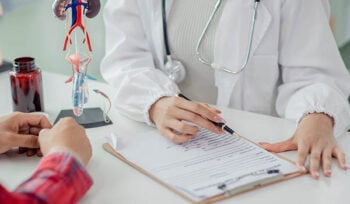 Photo of a doctor speaking with somebody at a desk, pointing to a clip-board.