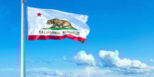 Photo of the California flag with blue skies in the background