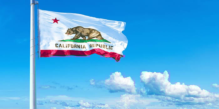 Photo of the California flag with blue skies in the background