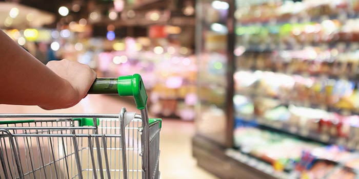 Photo of a person pushing a shopping cart in a grocery store