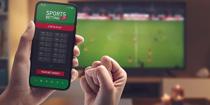 Photograph of person holding a cell phone with a gambling app open with a TV in the background of a sports game.