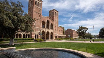 Photograph of fountain and lawn in front of Royce Hall at UCLA's campus (photo credit: UCLA)