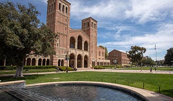 Photograph of fountain and lawn in front of Royce Hall at UCLA's campus (photo credit: UCLA)