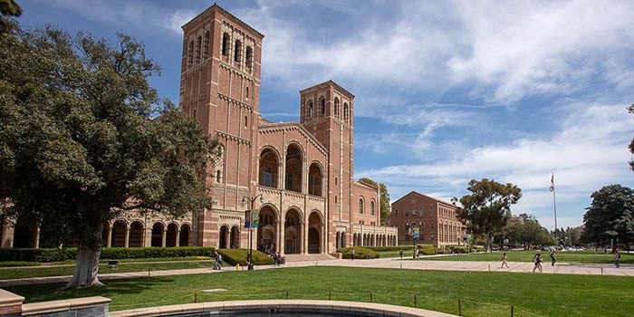 Photograph of fountain and lawn in front of Royce Hall at UCLA's campus (photo credit: UCLA)