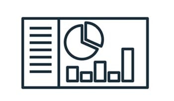 Drawing suggestive of a dashboard, with a pie chart, bar chart, and a vertical column with horizontal lines