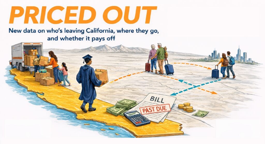 Illustration of a map of California and the US, showing people packing a moving van, a recent college grad walking out of CA, two couples (middle aged and seniors) walking with suitcases in the Midwest, and a stack of overdue bills, a calculator, and some cash, sitting on the outline of California