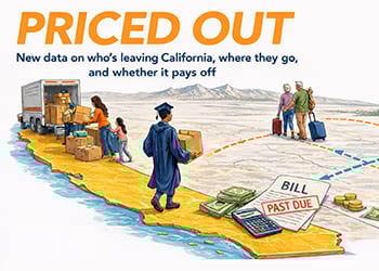 Illustration of a map of California and the US, showing people packing a moving van, a recent college grad walking out of CA, two couples (middle aged and seniors) walking with suitcases in the Midwest, and a stack of overdue bills, a calculator, and some cash, sitting on the outline of California