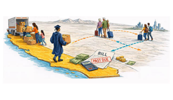 Illustration of a map of California and the US, showing people packing a moving van, a recent college grad walking out of CA, two couples (middle aged and seniors) walking with suitcases in the Midwest, and a stack of overdue bills, a calculator, and some cash, sitting on the outline of California