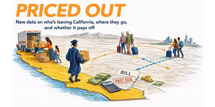 Illustration of a map of California and the US, showing people packing a moving van, a recent college grad walking out of CA, two couples (middle aged and seniors) walking with suitcases in the Midwest, and a stack of overdue bills, a calculator, and some cash, sitting on the outline of California