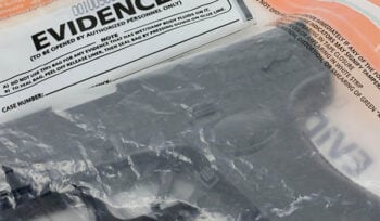 Photograph of a handgun in a plastic bag that says "EVIDENCE" at the top