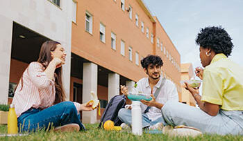 Three college students sit on a lawn outside a building, eating and speaking with each other.