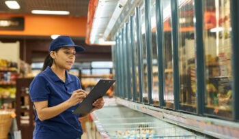 A middle aged woman working at a grocery store stands in front of a freezer with a clipboard.
