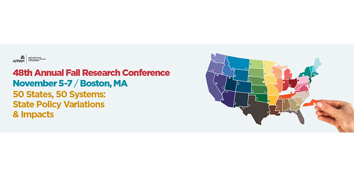 Map of United States, with each state representing a puzzle piece, and text describing the 2026 Fall APPAM conference
